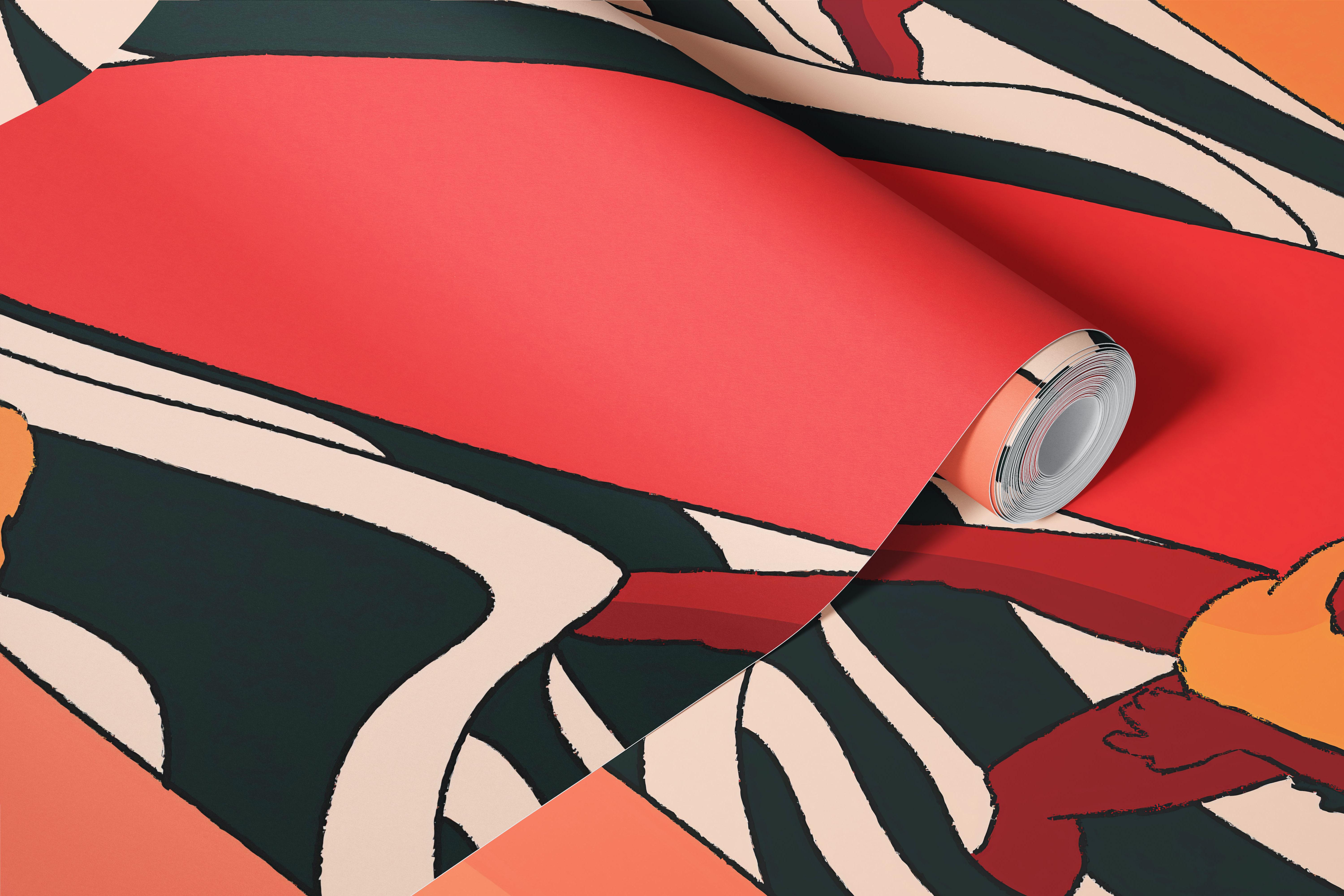 Three women surfing on dynamic waves with colorful boards in retro style wallpaper