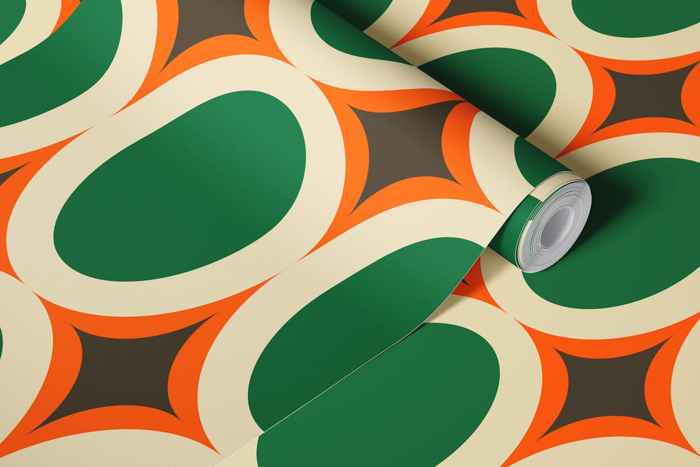 Groovy Starburst Green Orange - Mid Century wallpaper roll