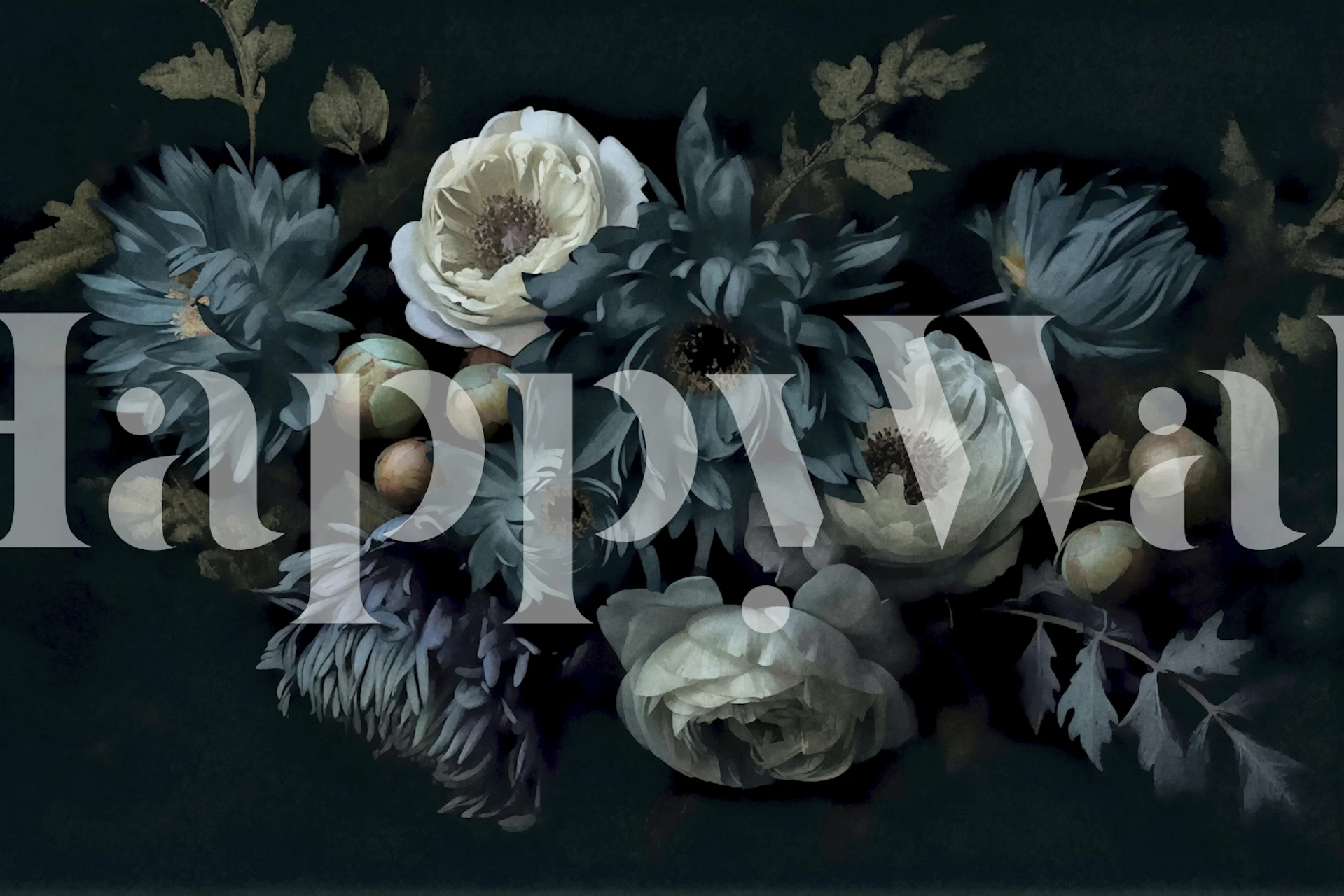 Blue and ivory floral bouquet wallpaper design with Baroque style