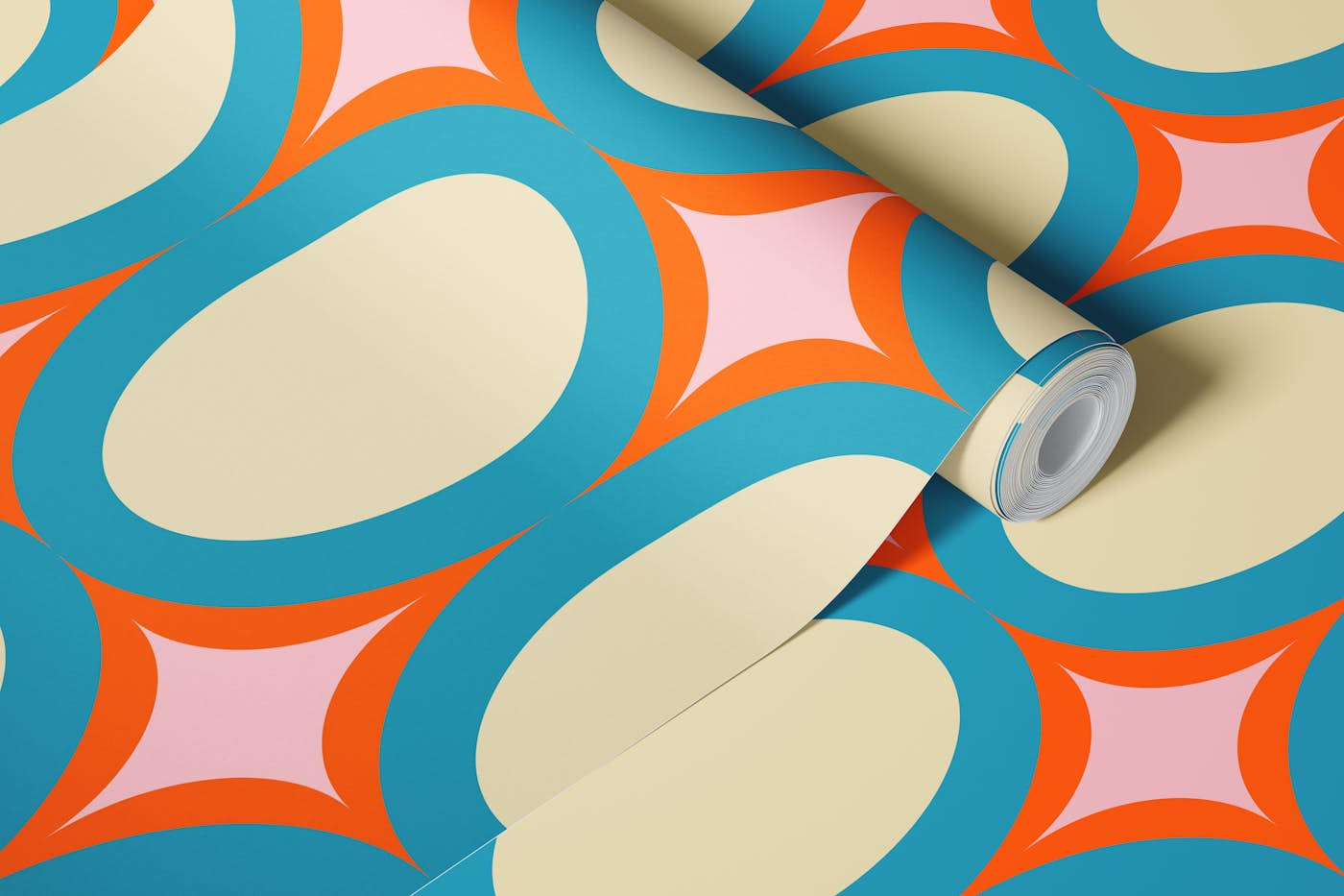 Groovy Starburst Blue Beige - Mid Century wallpaper roll