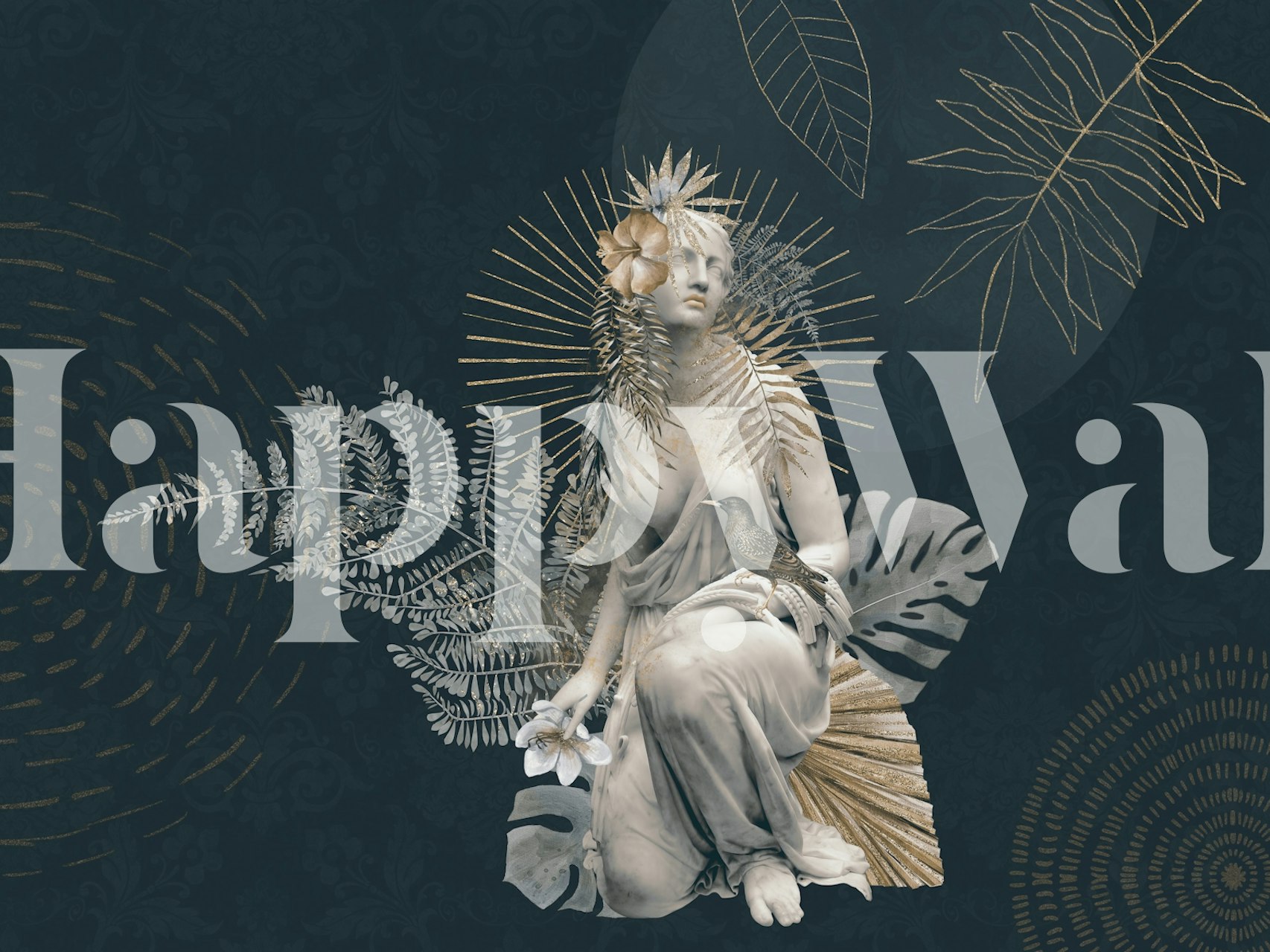 Classical statue surrounded by ferns and floral accents wallpaper