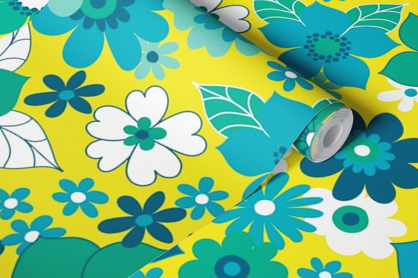 Sunshine Garden - teal, turquoise on yellow wallpaper roll