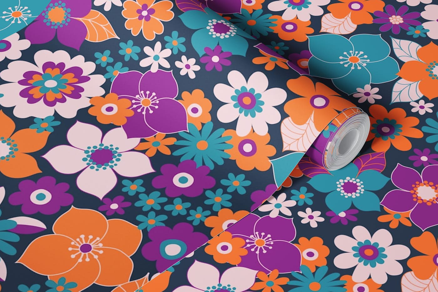 Sunshine garden - Orange, purple, turquoise wallpaper roll