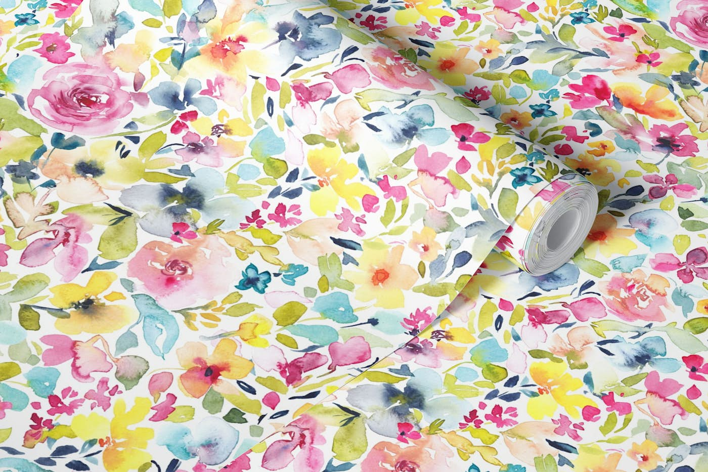 Vibrant multicolor summer flowers pattern wallpaper roll