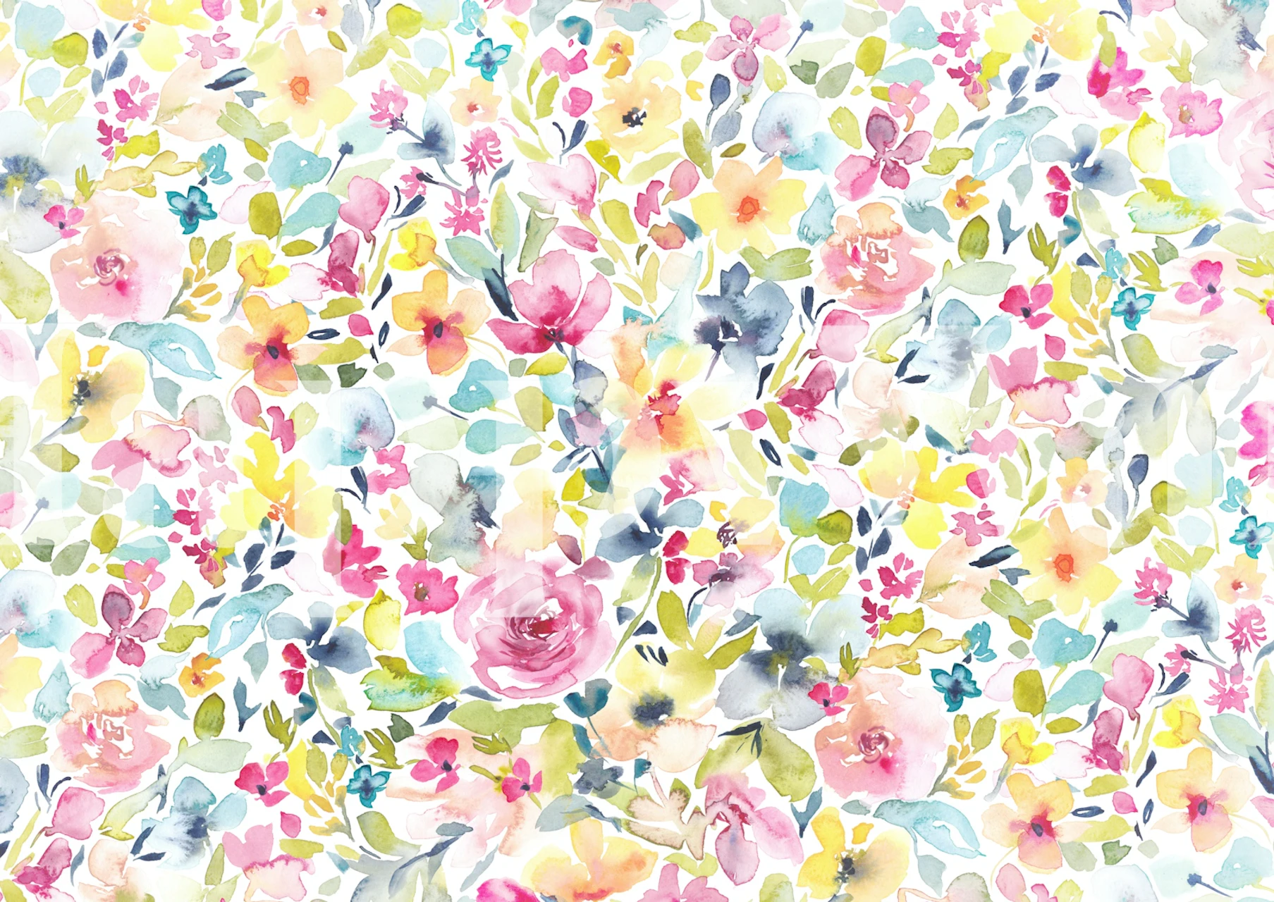 Vibrant multicolor floral design with pink, yellow, and blue flowers wallpaper