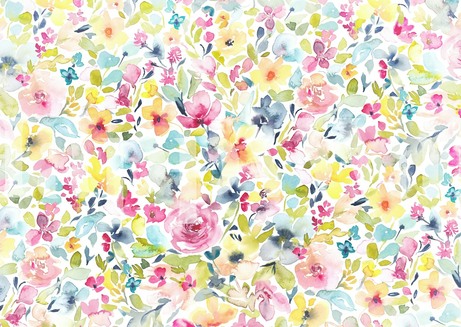 Vibrant multicolor floral design with pink, yellow, and blue flowers wallpaper