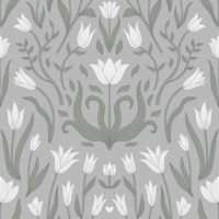 Tulip Botanical Symmetry - silver on grey carta da parati