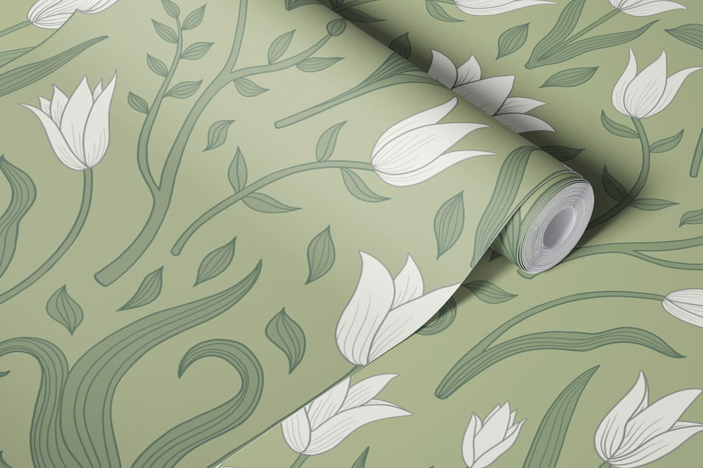 Tulip Botanical Symmetry - white on Sage wallpaper roll