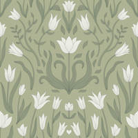 Tulip Botanical Symmetry - white on Sage carta da parati
