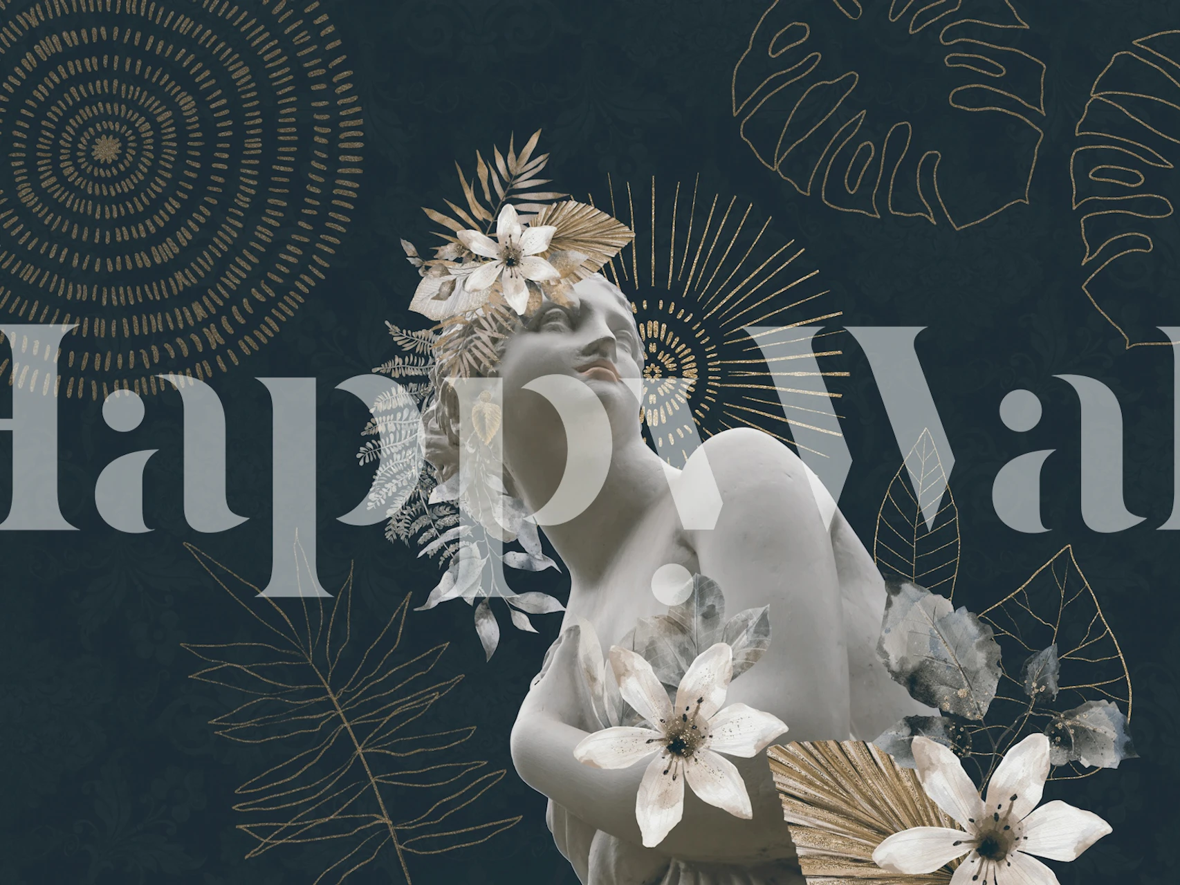 Grasiøs kvinneskikkelse omgitt av blomster og abstrakte mønstre på en mørk bakgrunn som en del av et veggmaleri med fantasitema.