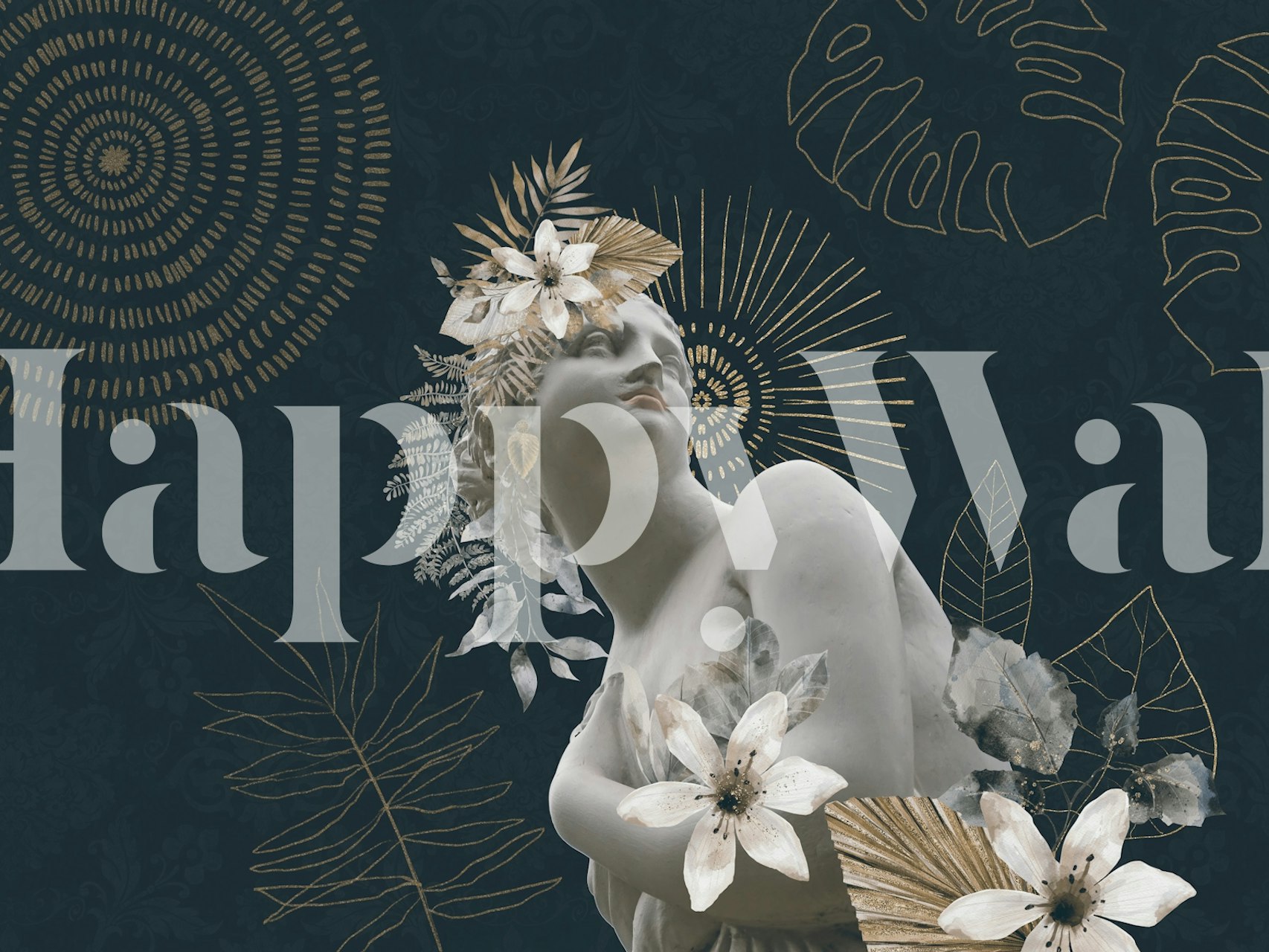 Anmutige weibliche Figur, umgeben von Blumen und abstrakten Mustern auf dunklem Hintergrund als Teil einer Fototapete mit Fantasy-Thema.