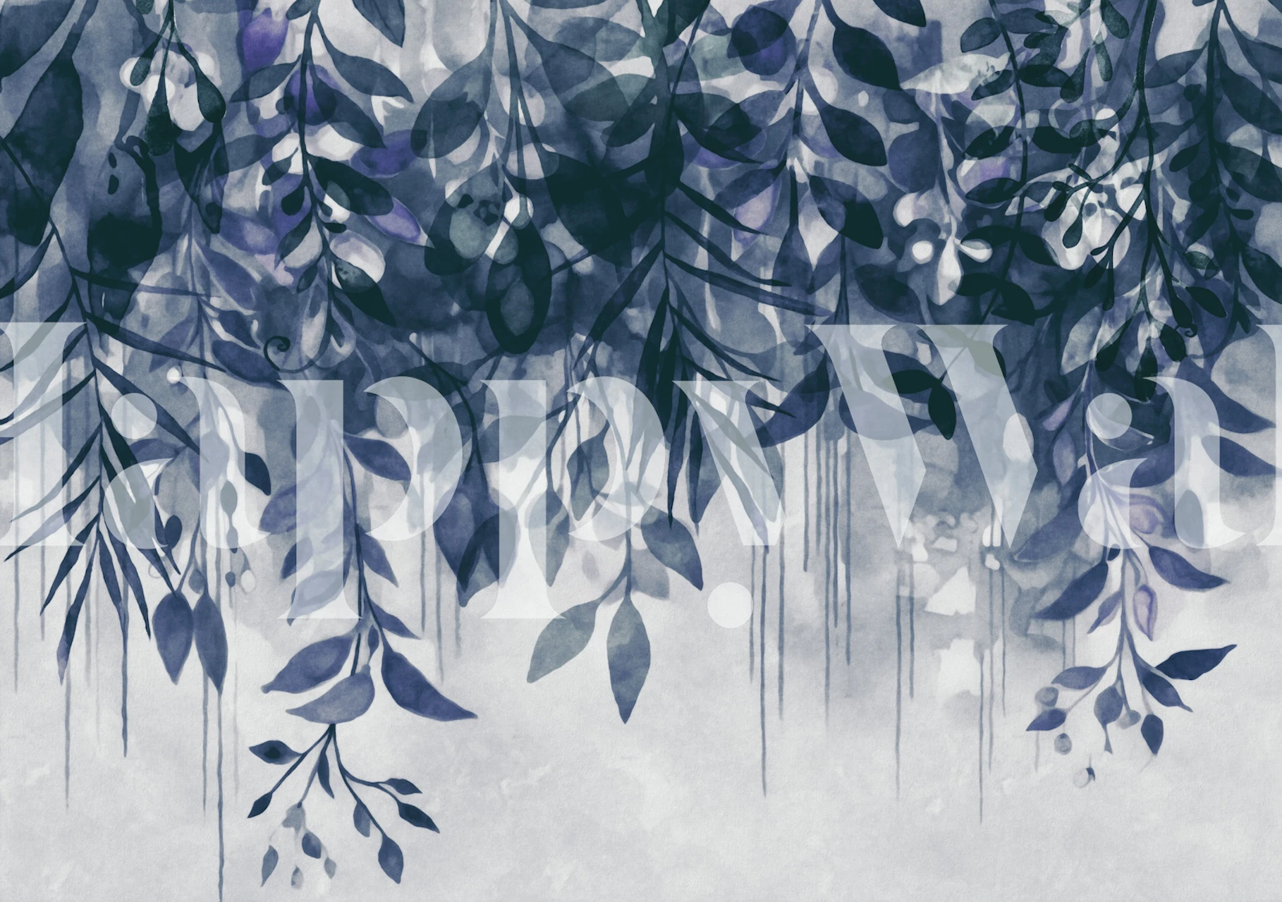 Watercolor navy blue floral leaves pattern wallpaper