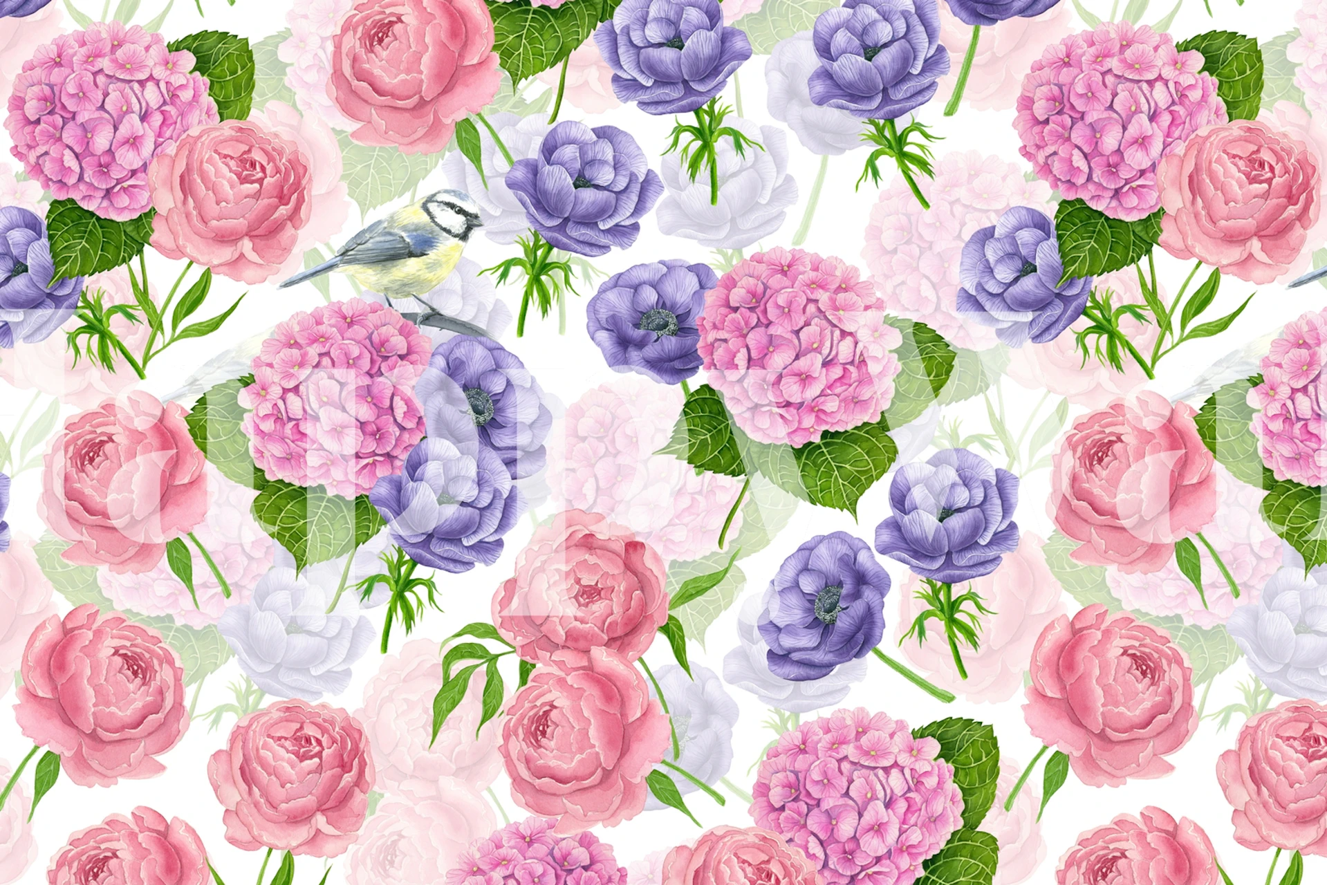 Floral design with pink and purple flowers and a bird wallpaper