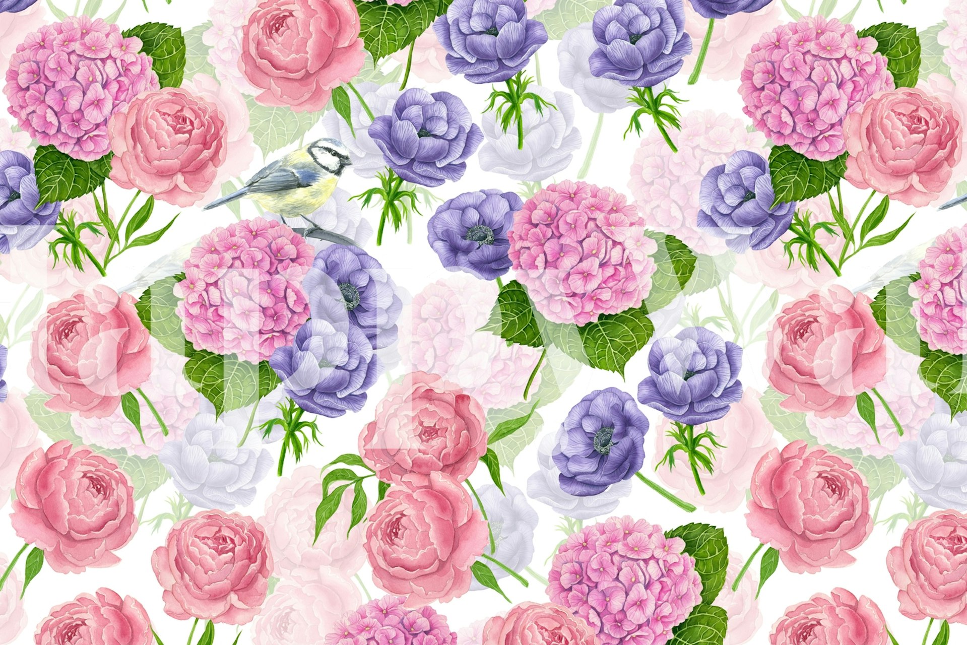 Floral design with pink and purple flowers and a bird wallpaper