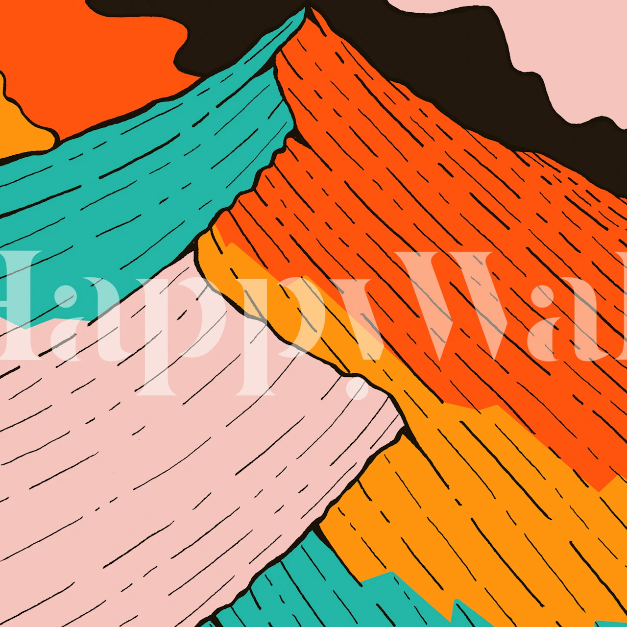 Abstract mountain design with orange, teal, and pink colors wallpaper