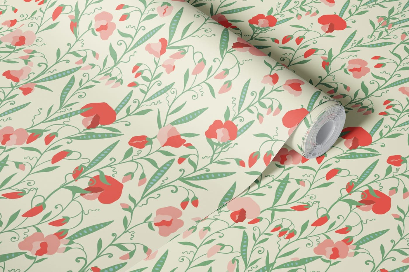 Sweet Pea Flowers Offwhite Green wallpaper roll