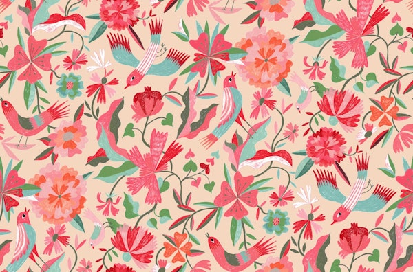 flowers and bird in a dense garden