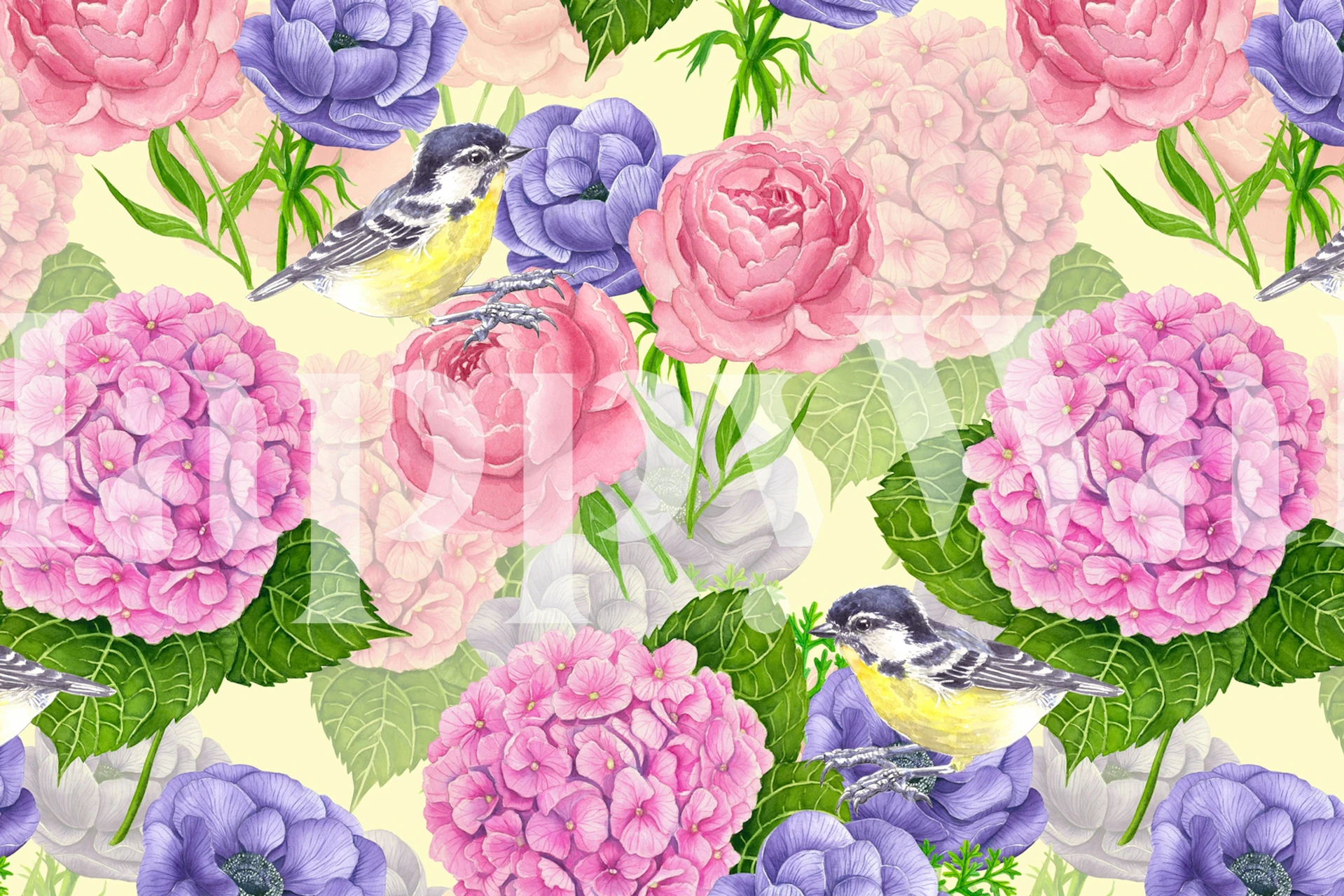 Tit birds blandt blomster tapetdesign