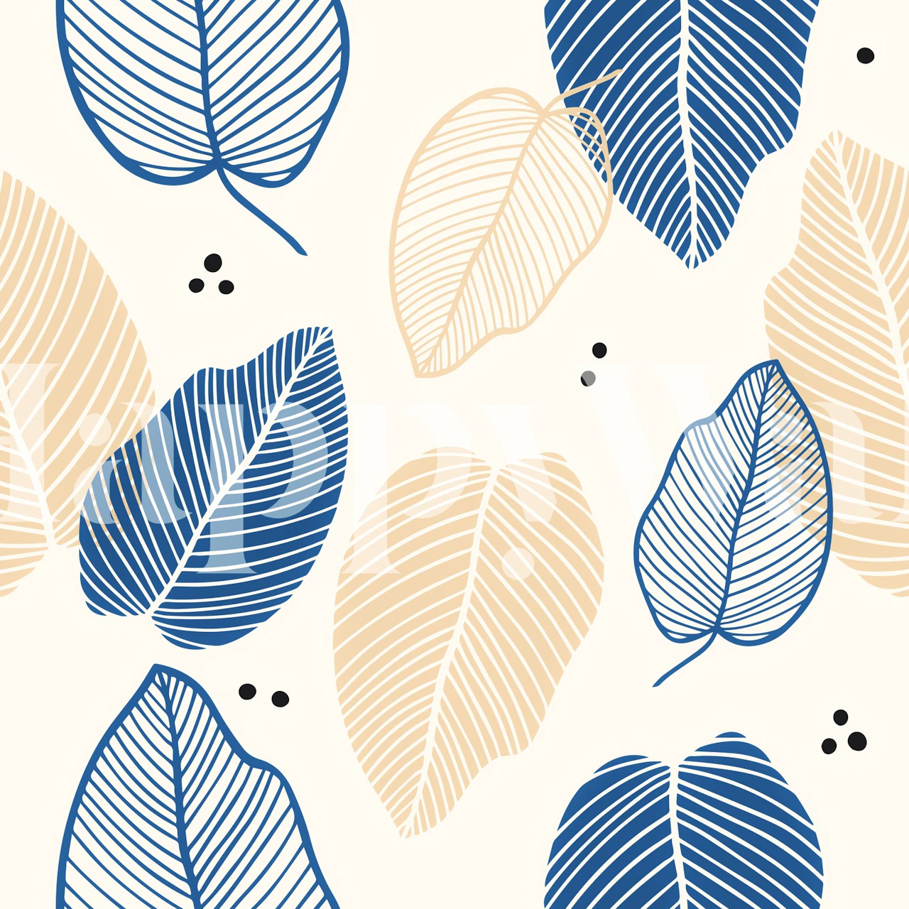 Leaves in blue and beige on a light background, mid-century style wallpaper