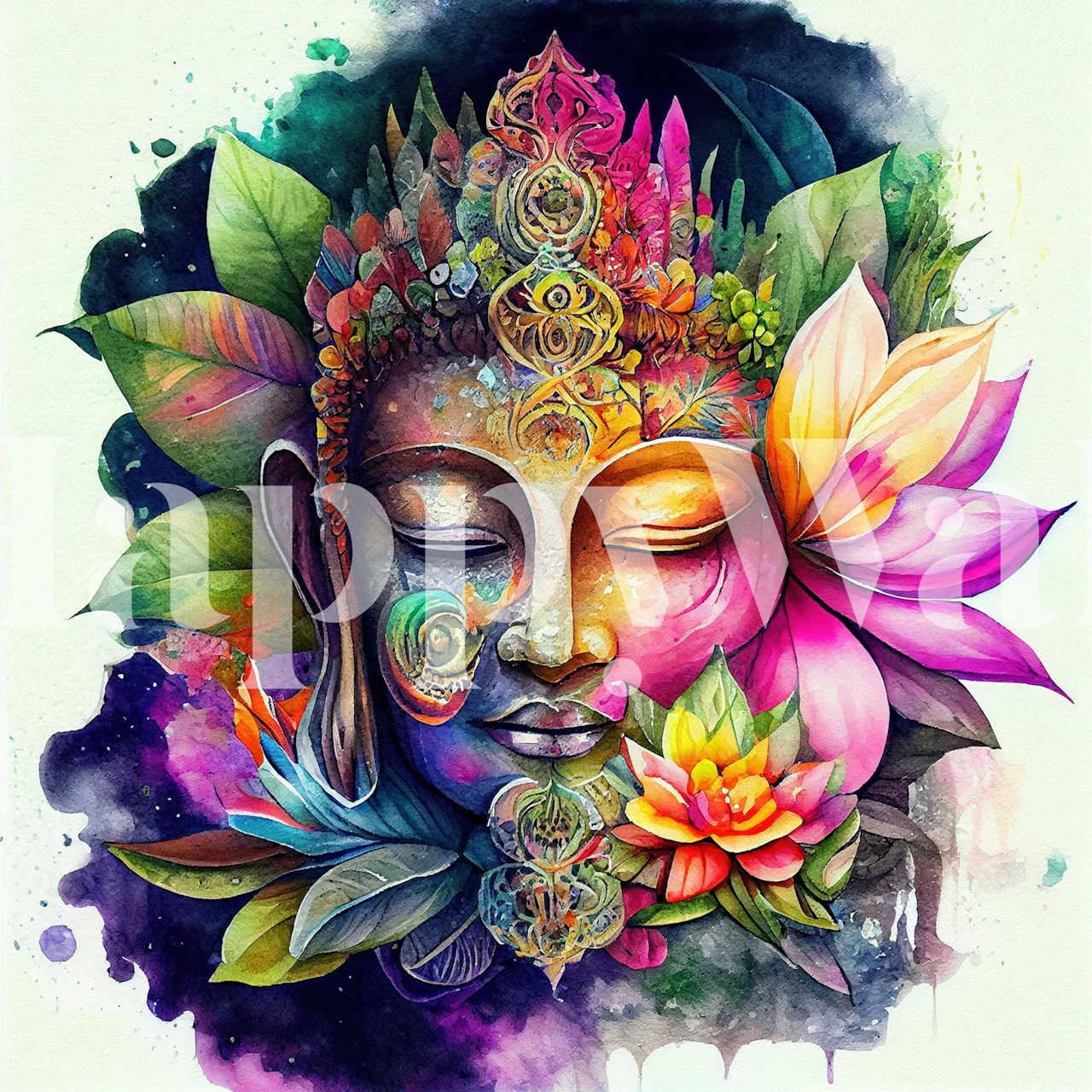 Colorful Buddha face surrounded by vibrant flowers and leaves wallpaper