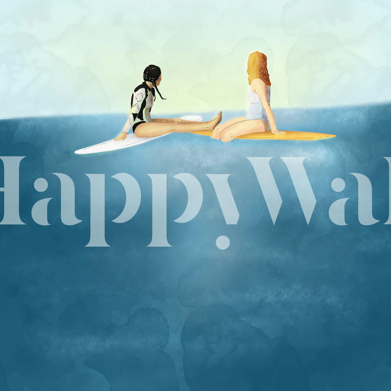 Two girls sitting on surfboards in ocean water, blue and pastel tones wallpaper