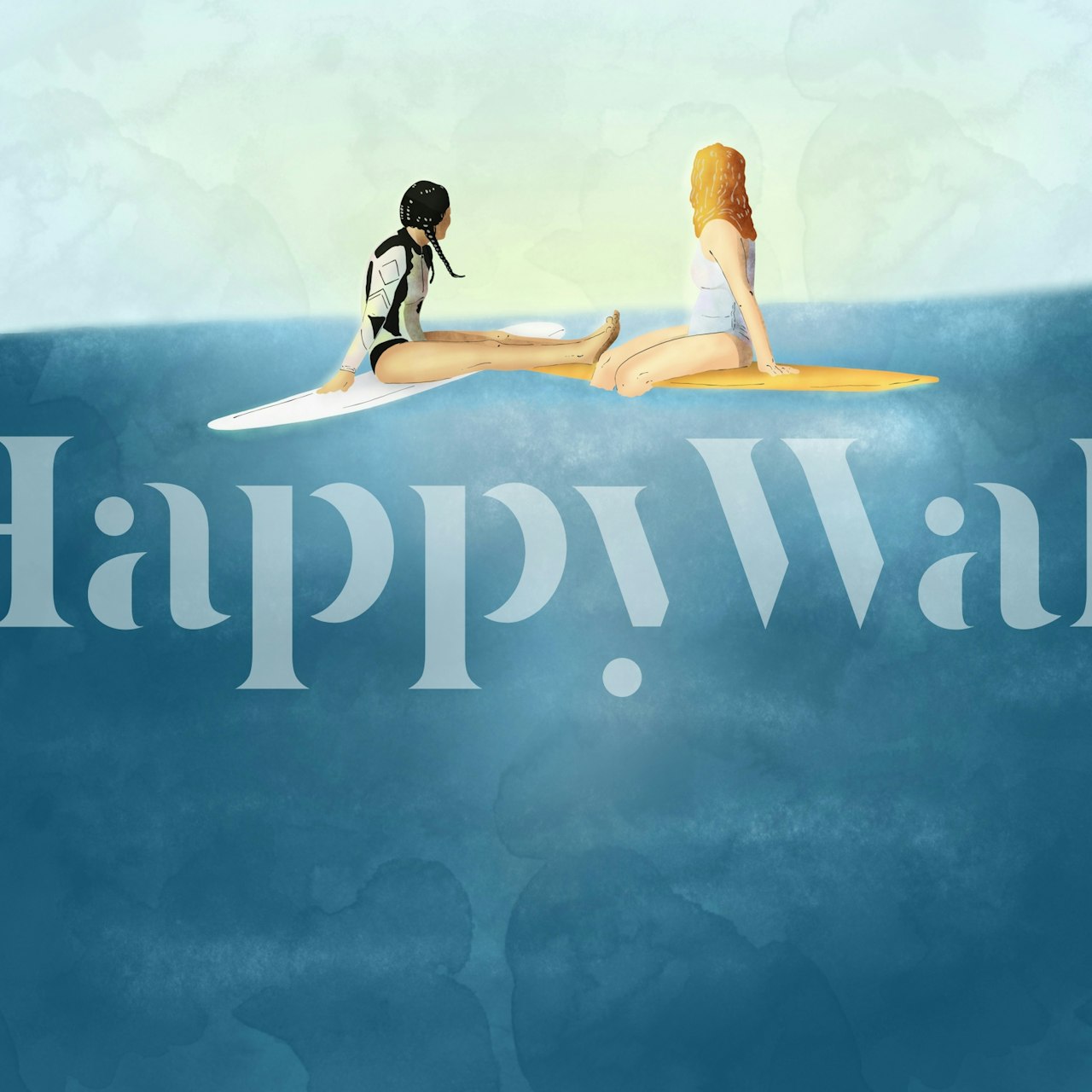 Two girls sitting on surfboards in ocean water, blue and pastel tones wallpaper