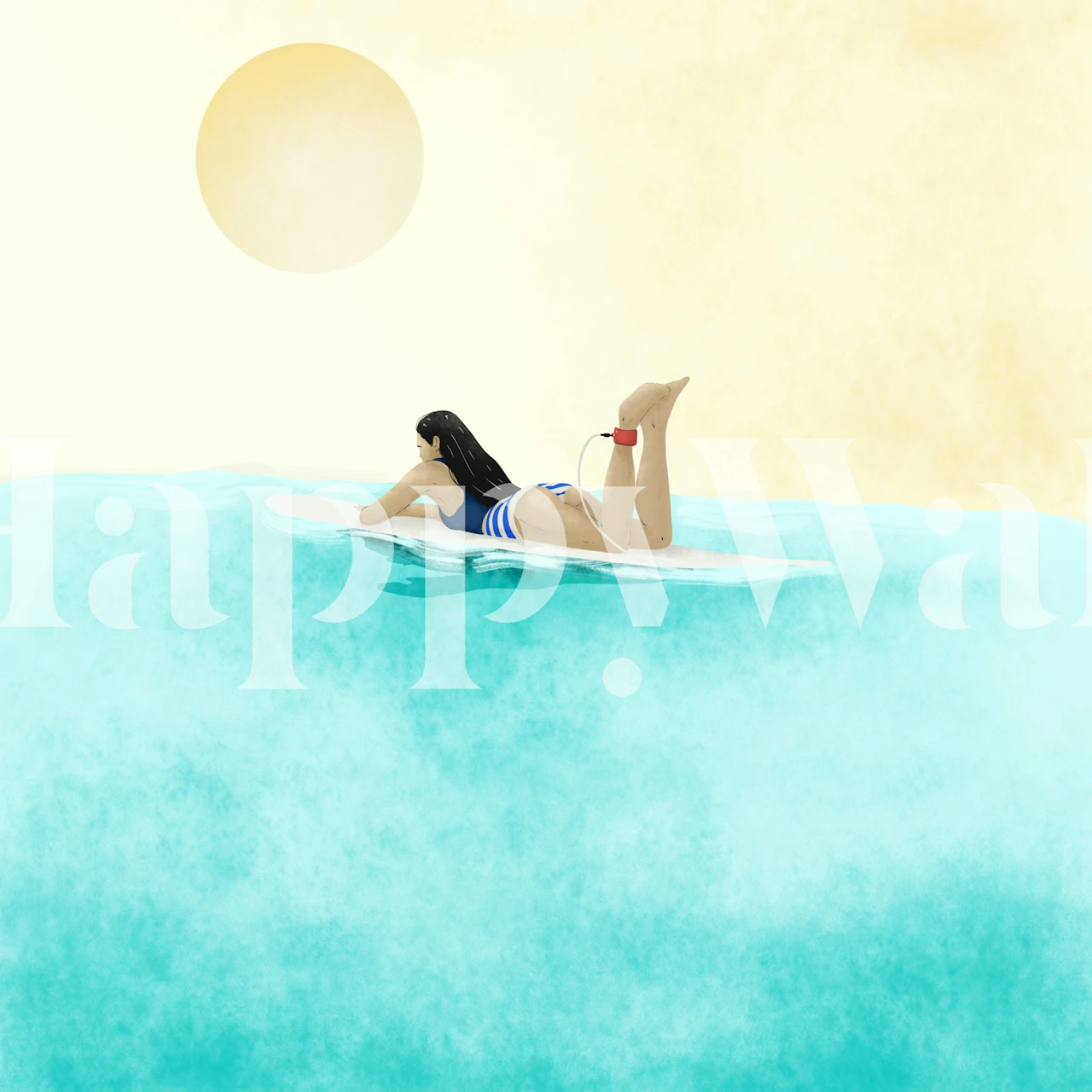 Surfer girl on a surfboard in turquoise water and sunlight wallpaper