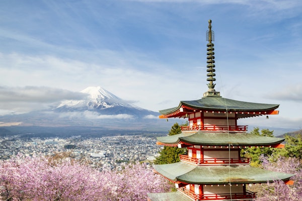 Mount Fuji with Chureito Pagoda at spring