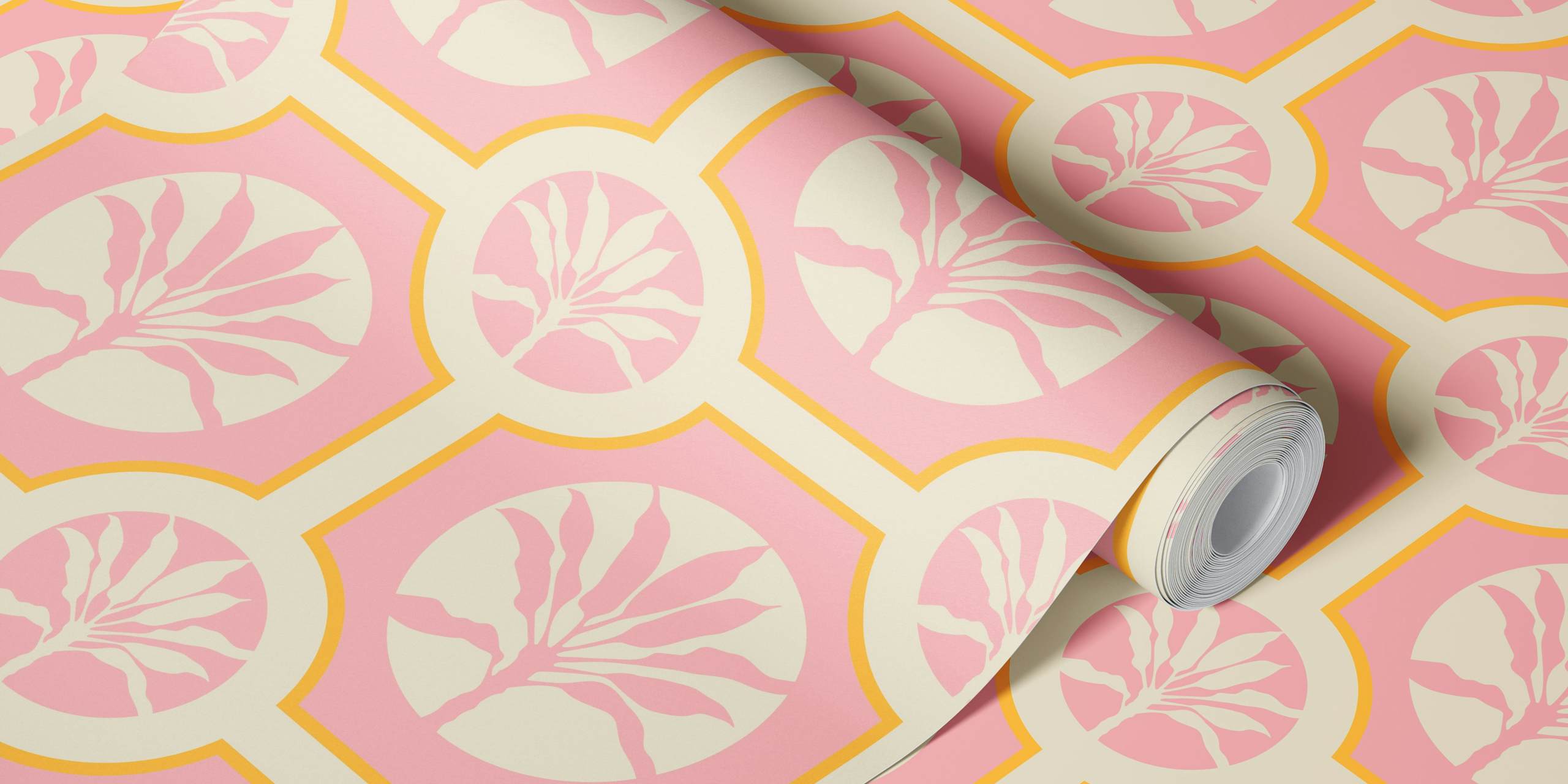 Tropical Ti Plant Tiles Pink wallpaper in a room