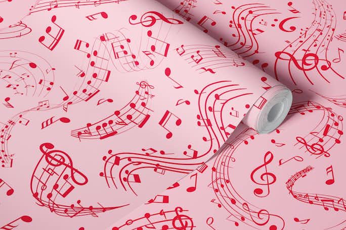 Music Notes 10 Crimson Red on Bubble Gum Pinkwallpaper roll