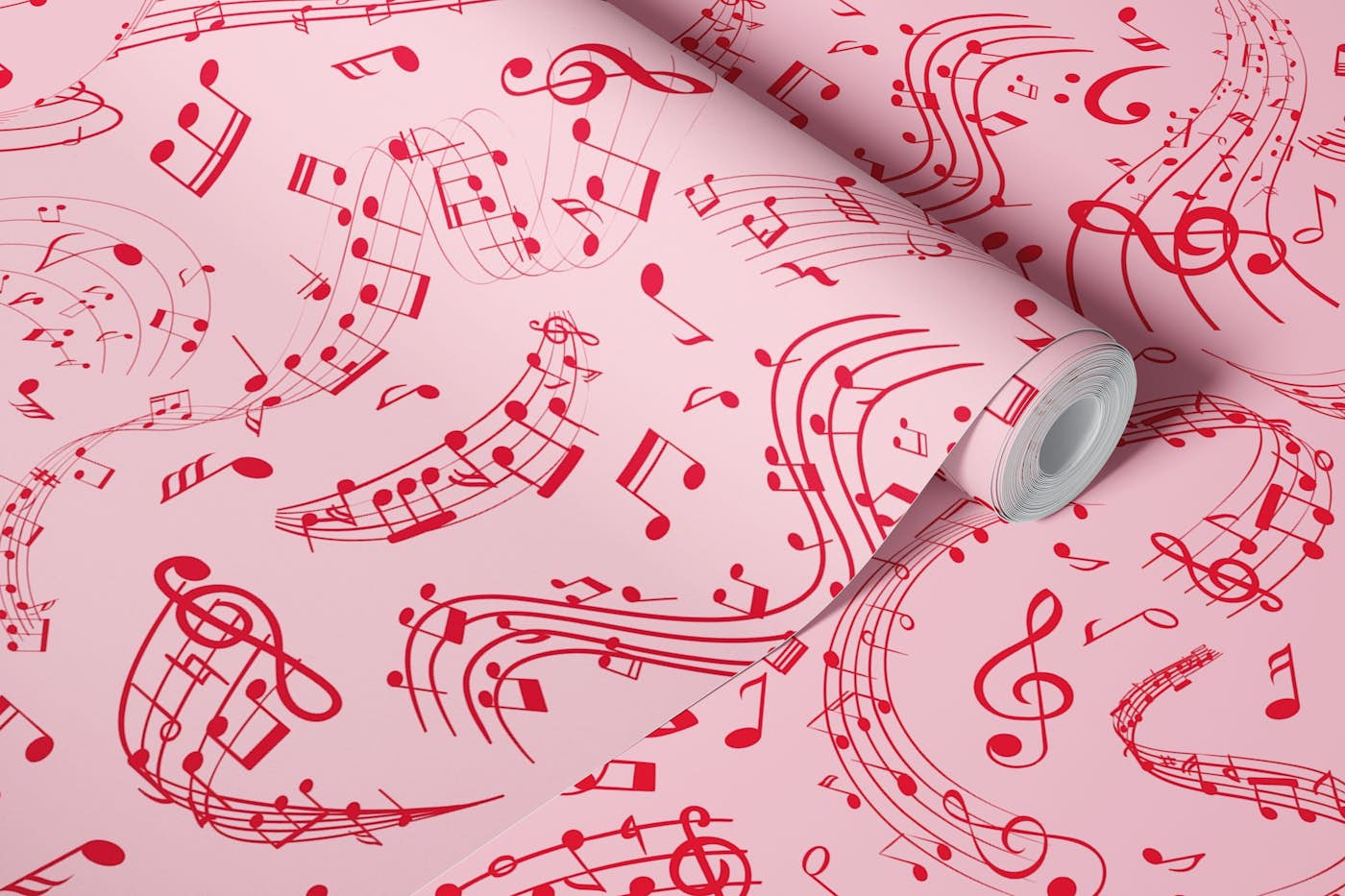 Music Notes 10 Crimson Red on Bubble Gum Pink wallpaper roll