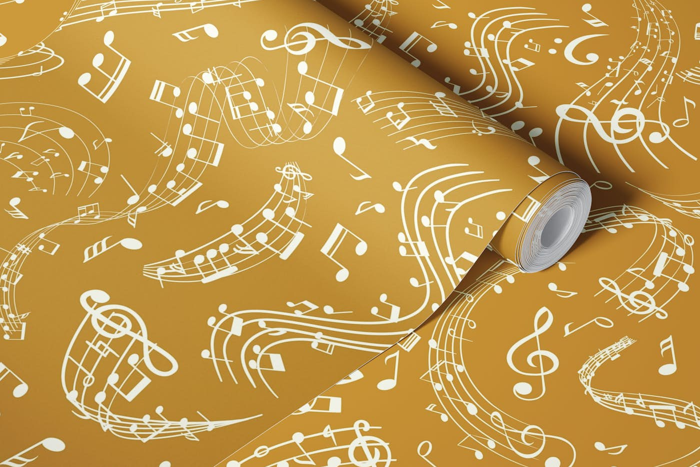 Music Notes 11 Ivory on Golden Ochre wallpaper roll