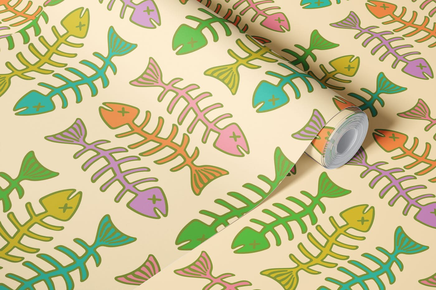 FISH BONES Vintage Retro Fun Food Brights wallpaper roll