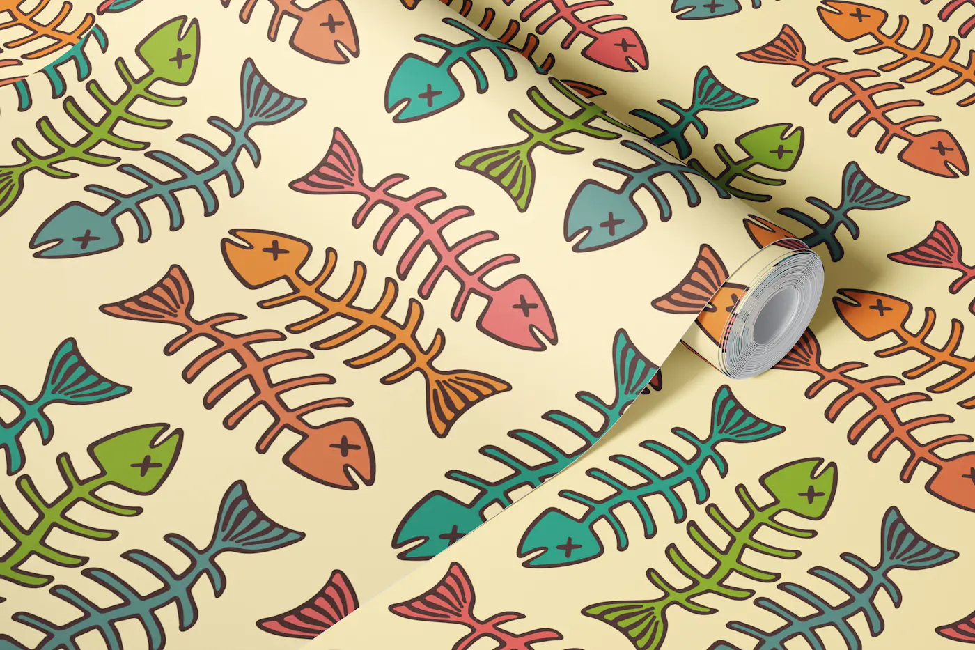 Fish Bones Retro Vintage Kitchen Food Brown wallpaper roll