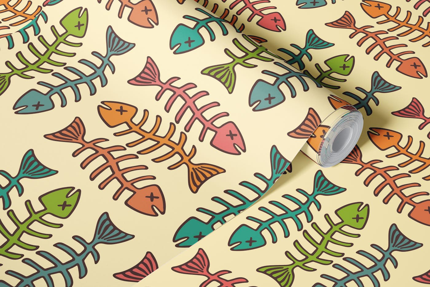 FISH BONES Vintage Retro Fun Food Brown wallpaper roll