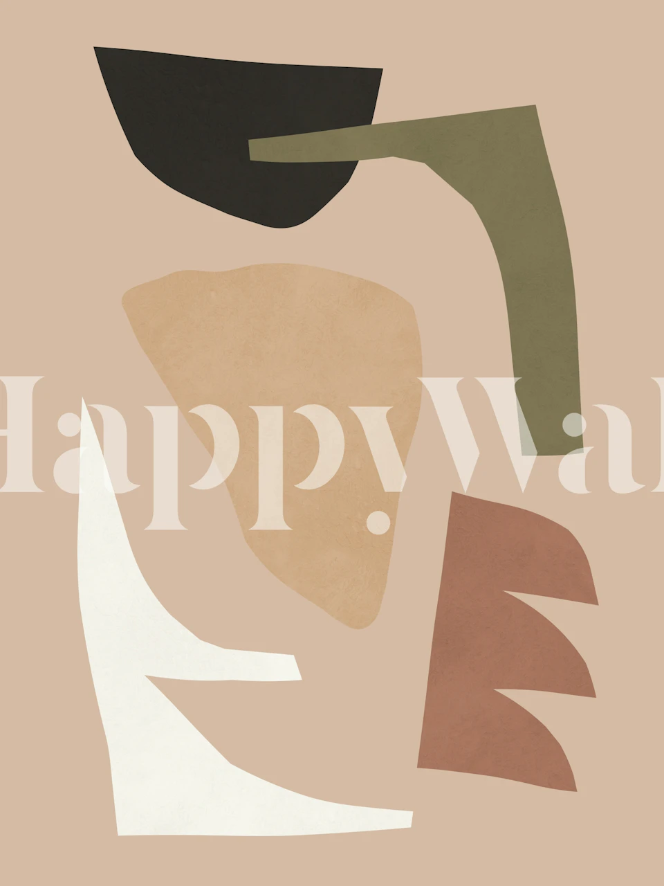 Abstract shapes in earthy tones: black, green, beige, and terracotta wallpaper
