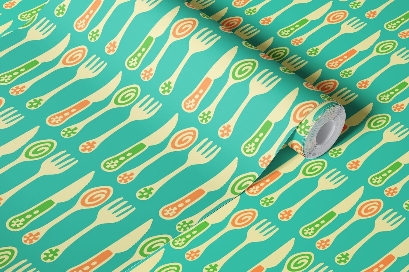 CUTLERY Vintage Retro Utensils Turquoise wallpaper roll