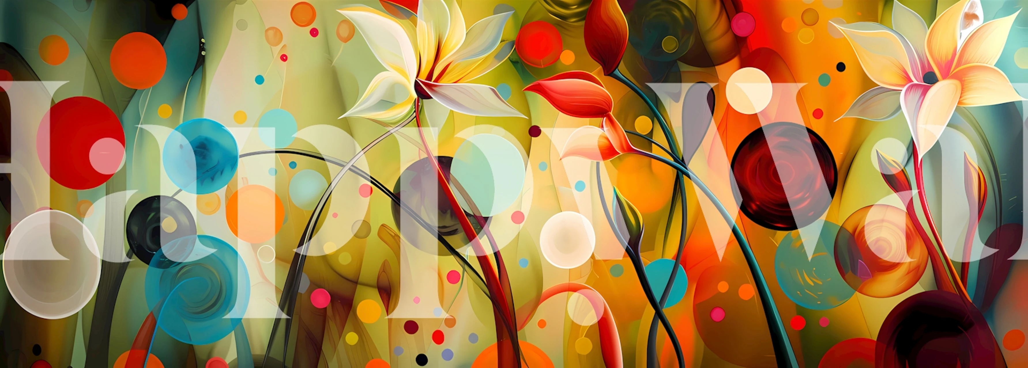 Abstract colorful wall mural with playful shapes and floral designs