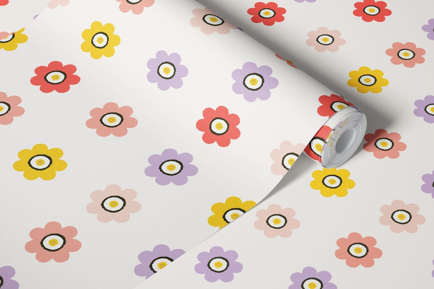 Colorful Retro Flowers Pink Lilac Yellow wallpaper roll