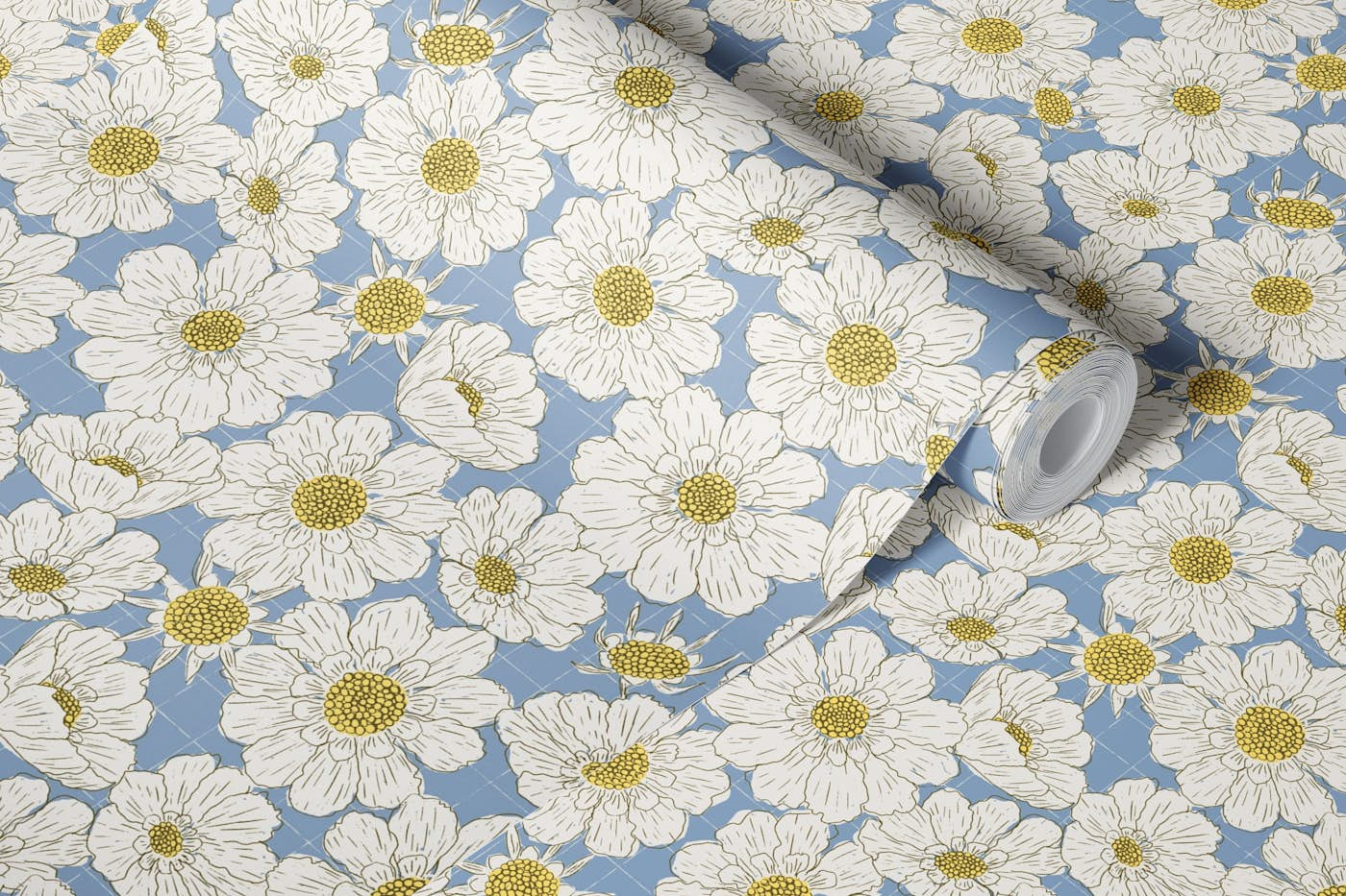 Bold White Flowers Pale Blue wallpaper roll