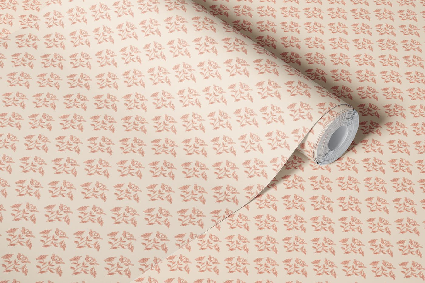 Floral block print pink beige wallpaper roll