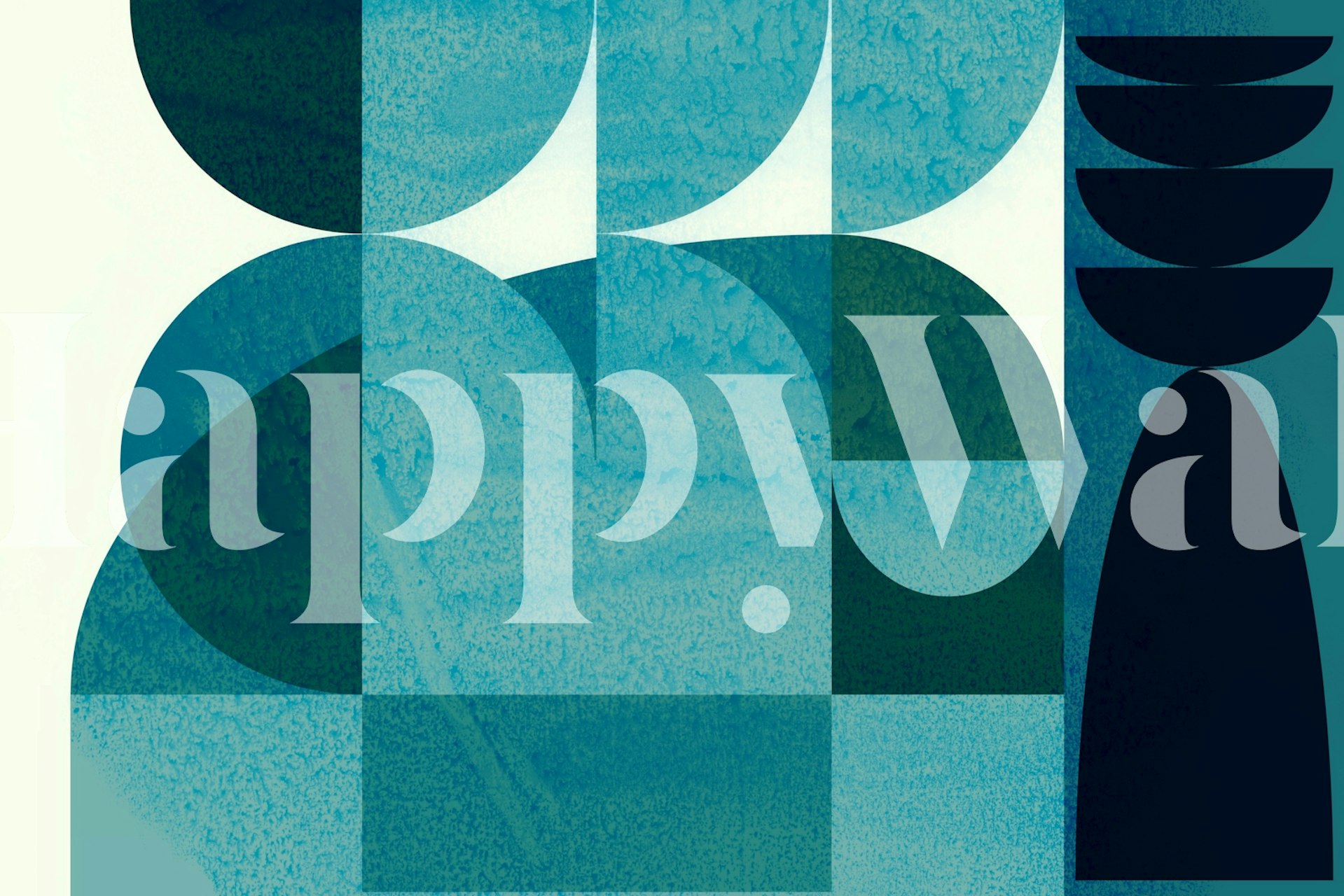 Mid century geometric shapes in blue and black on cream background wallpaper