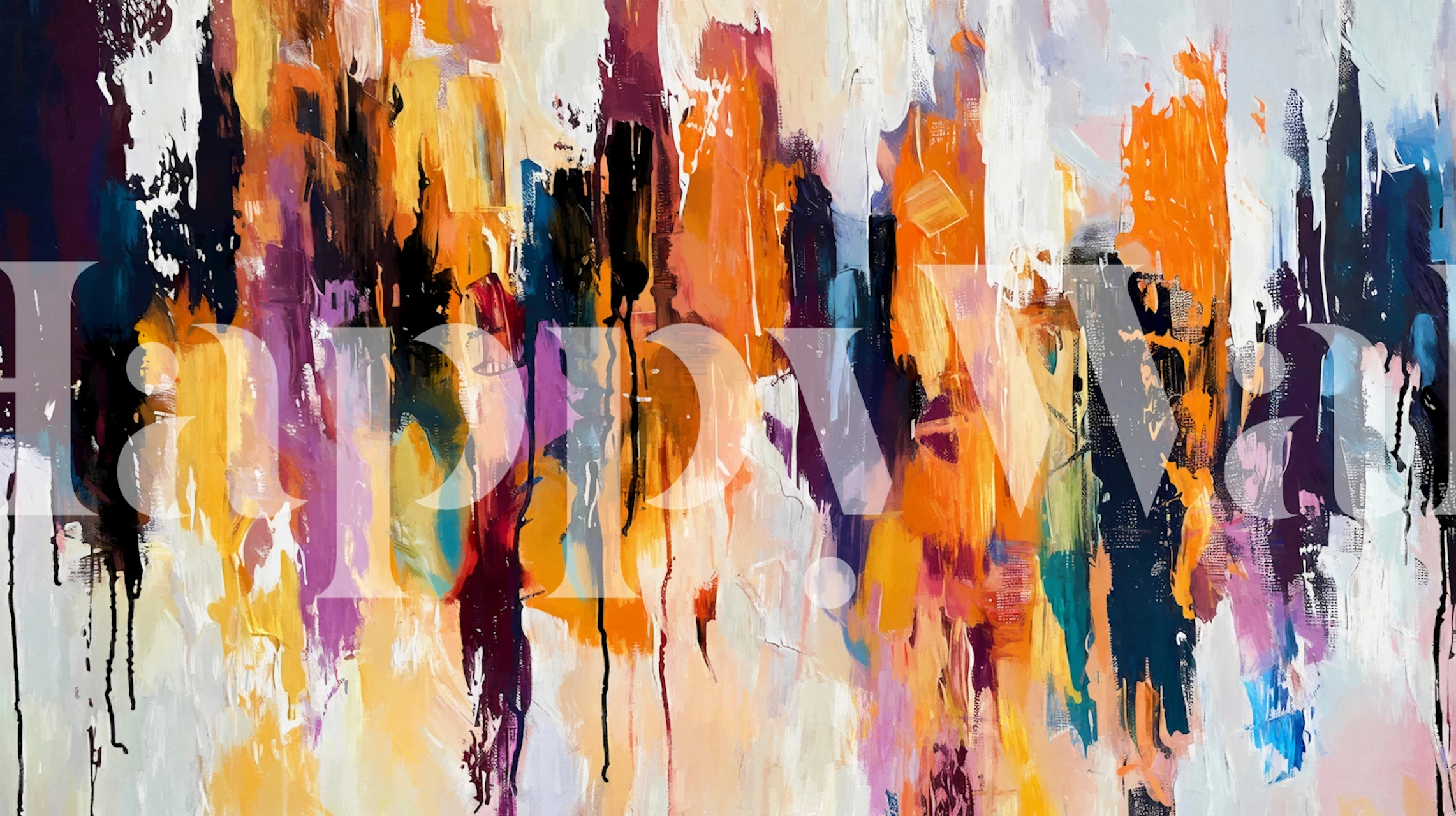 Colorful abstract brushstroke mural with vibrant orange, purple, and cream shades wallpaper