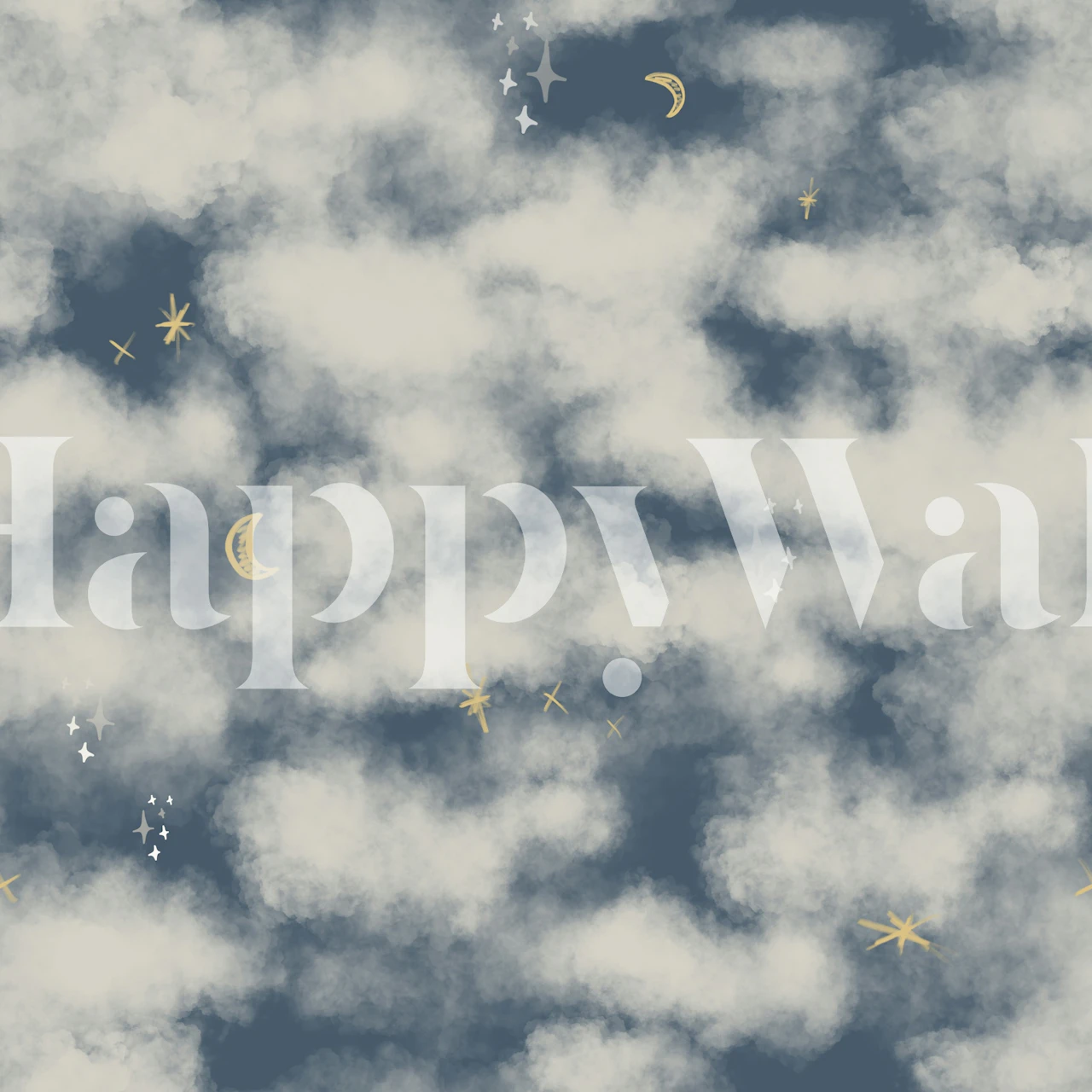 Clouds and stars in dark blue with golden moons wallpaper
