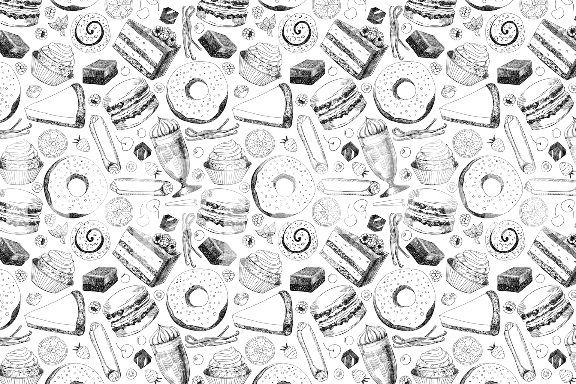 Food items like donuts, cakes, and milkshakes on a black and white wallpaper