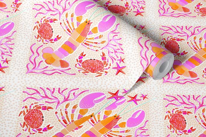 Boho Lobsters and Crabs • Pink and Orangewallpaper roll