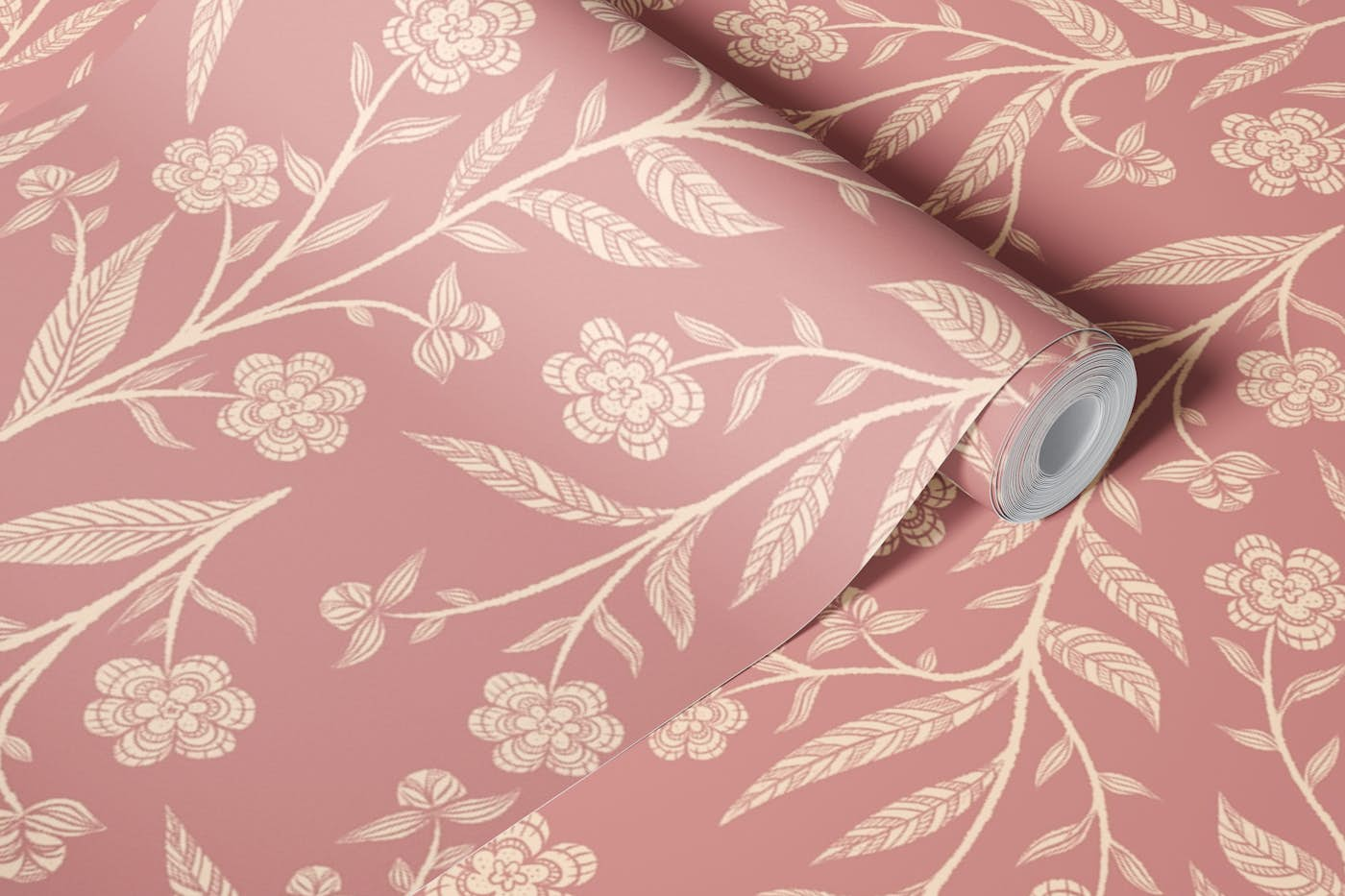 Dusky Pink Floral Victorian Doodle wallpaper roll