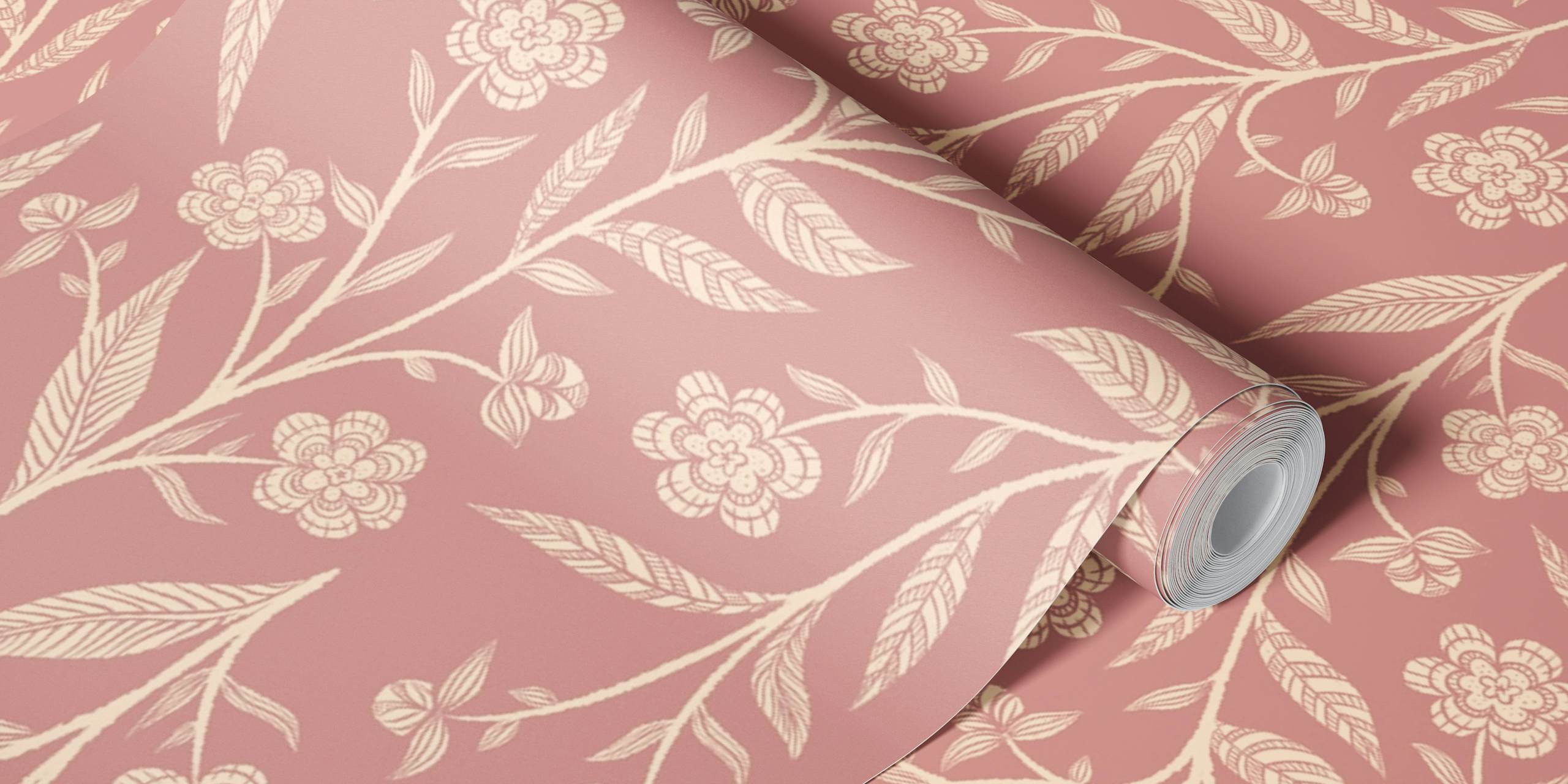 Dusky pink floral pattern with cream flowers and leaves wallpaper