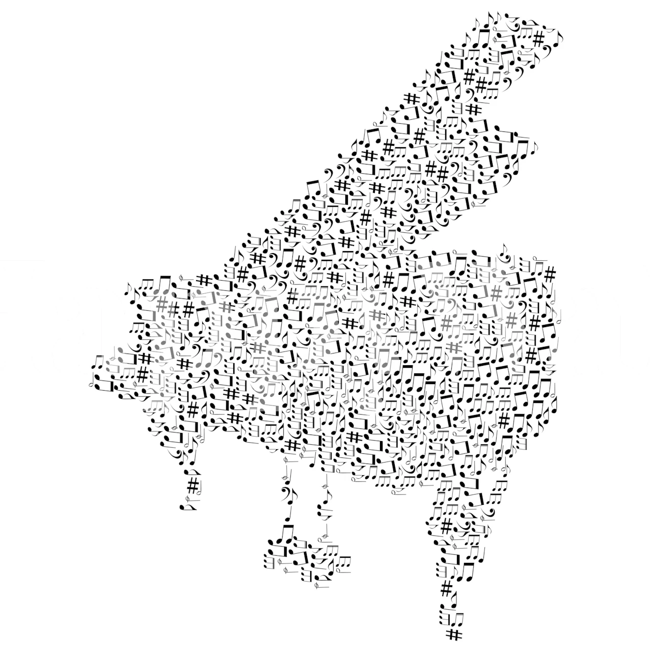 Piano silhouette filled with music notes in black and white wallpaper