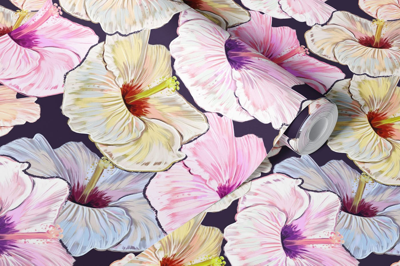 Pastel hibiscus pattern wallpaper roll